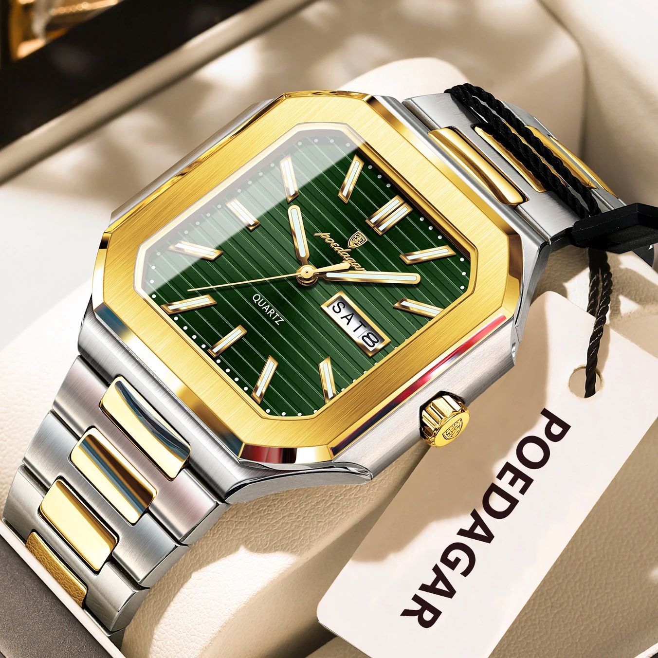 POEDAGAR Luxury Square Waterproof Men's Quartz Watch with Luminous Date & Week