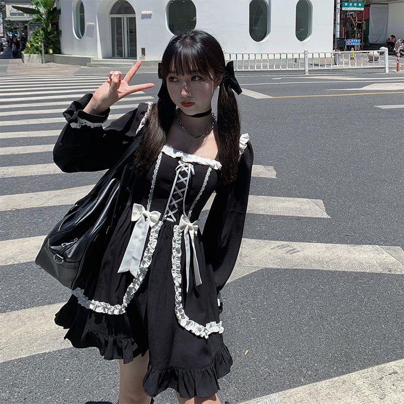 Harajuku Sweet Bow Black Plaid Dresses, Kawaii Lolita Dress for Women, Slim Fit Autumn Long Sleeve