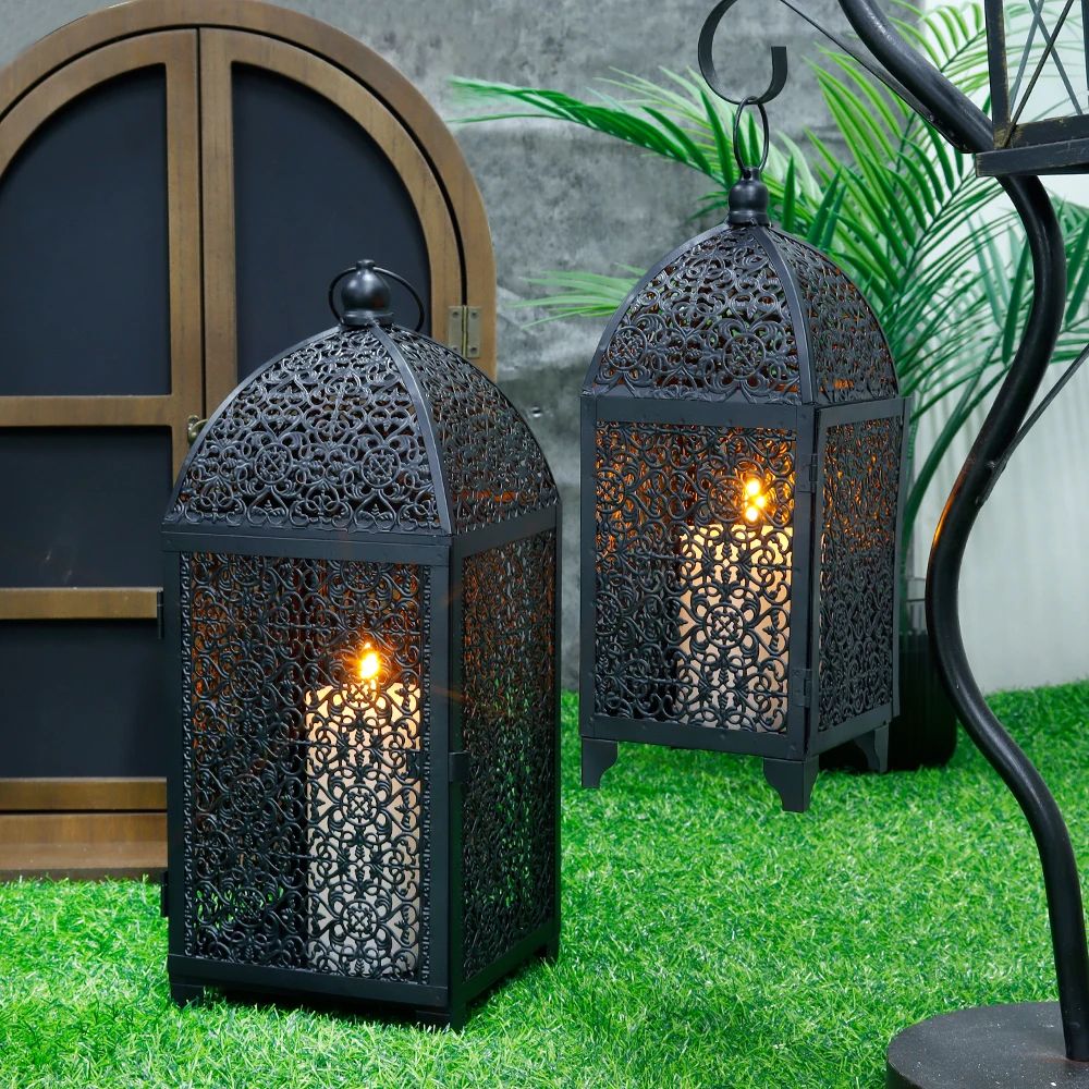 Black Metal Hanging Candle Lantern Set