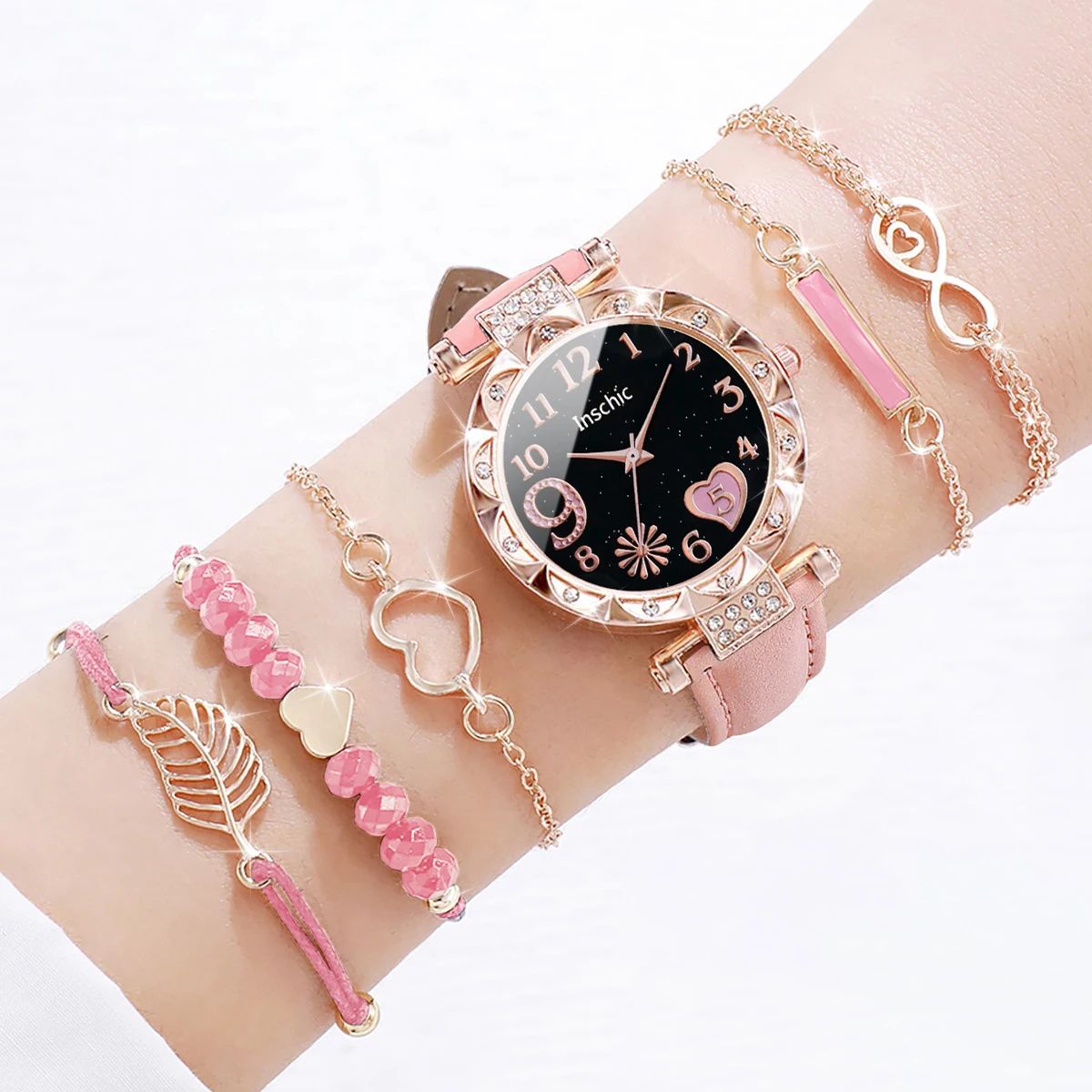 Heart Dial Leather Watch and Leaf Bracelet Set
