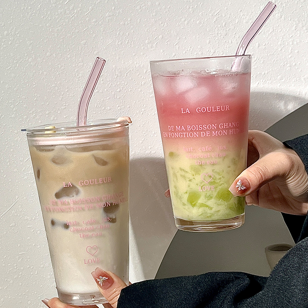 Cute Glass Tumbler with Straw and Lid, Transparent Bubble Tea Cup, Iced Coffee Juice Tea Glass, Letter Design Gift