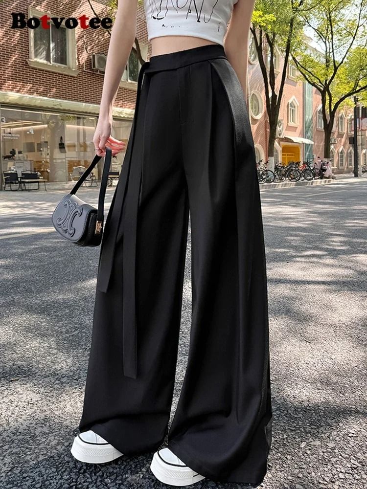 Botvotee Elegant Office Suit Pants High Waisted Wide Leg Baggy Blazer Trousers with Sashes