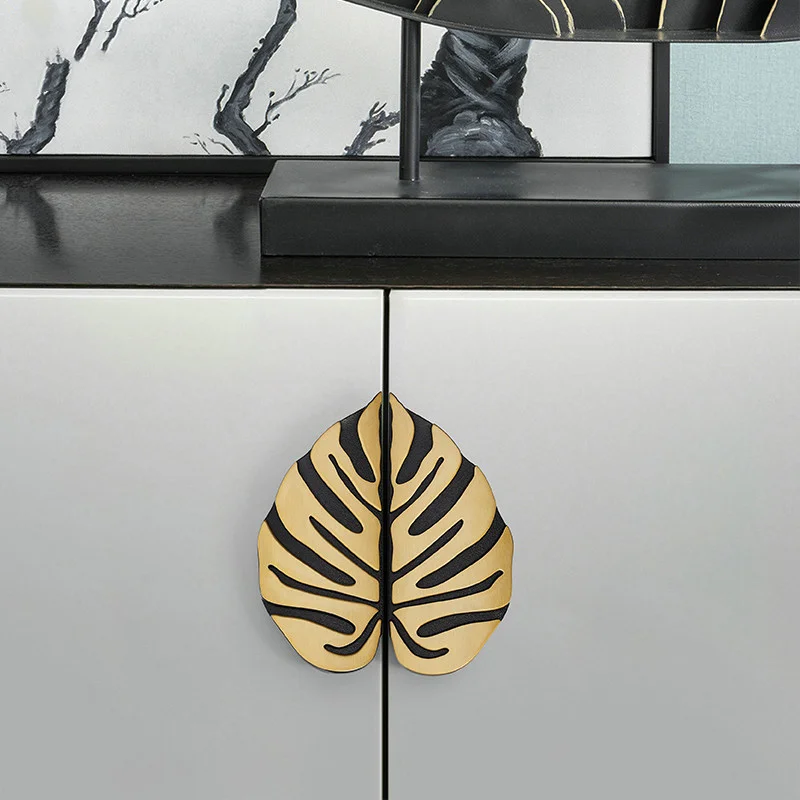 Luxury Leaf Cabinet Handles Black Gold Zinc Alloy Drawer Knobs