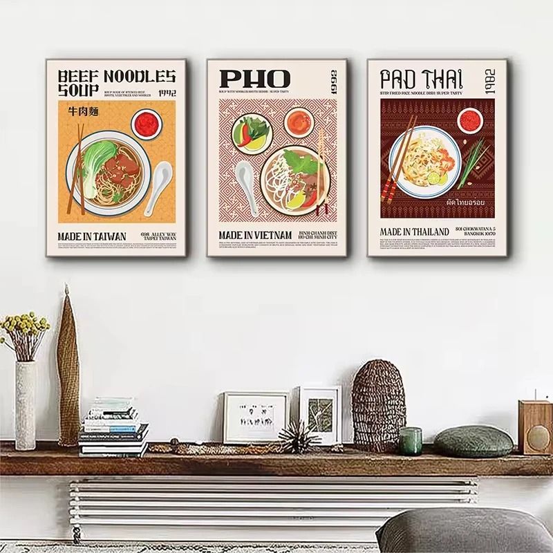 World Cuisine Food Wall Art Canvas Kitchen Poster Ravioli Ramen Pizza Coffee Decor