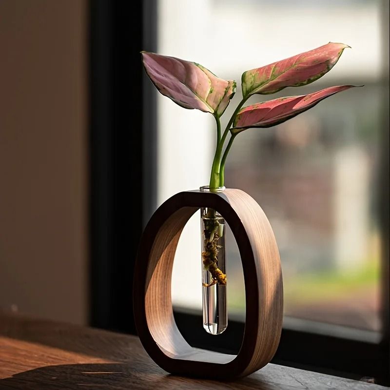 Solid Wood Flower Vase with Glass Tube for Mini Water Grown Plants