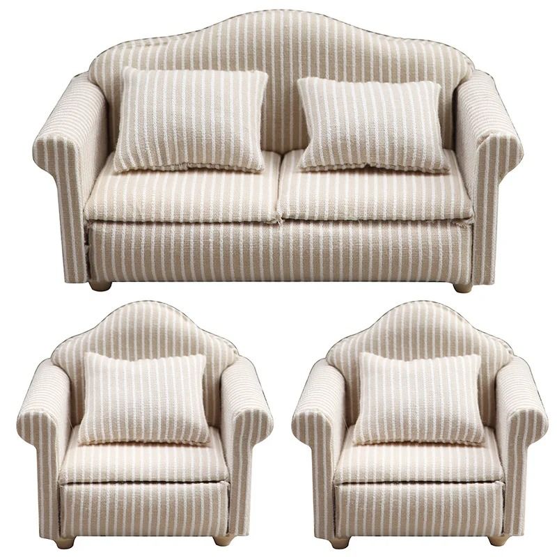 Miniature Dollhouse Sofa Set – Elegant Living Room Furniture with Pillows