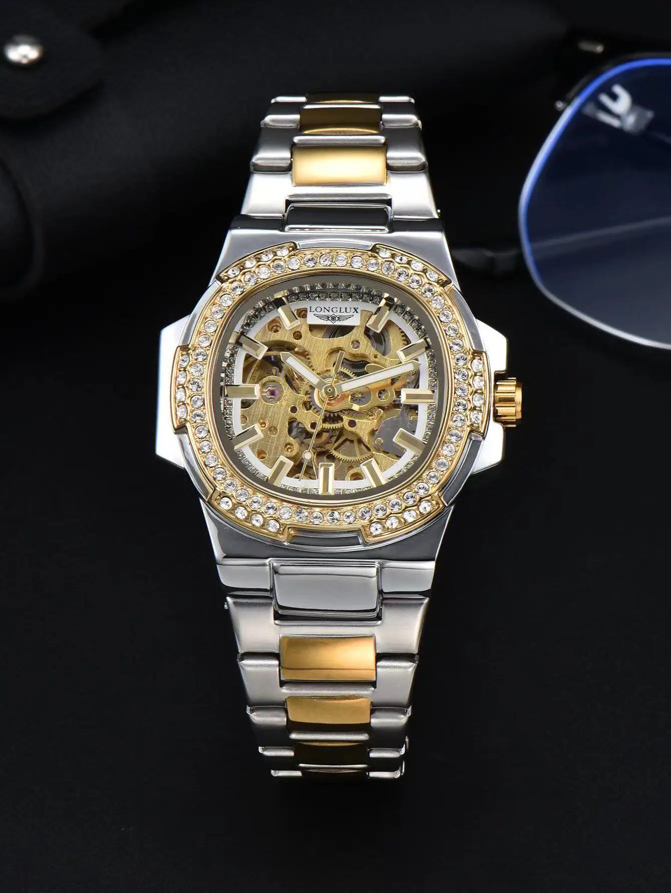 LONGLUX Luxury Skeleton Automatic Men's Diamond Stainless Steel Watch