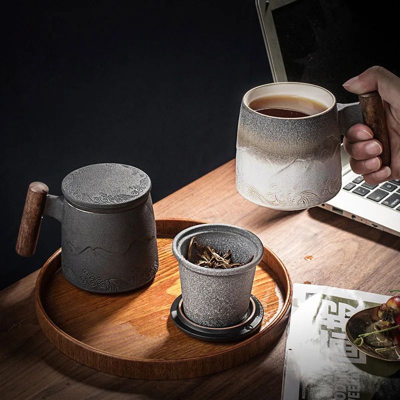 Retro Ceramic Mug with Wooden Handle and Lid