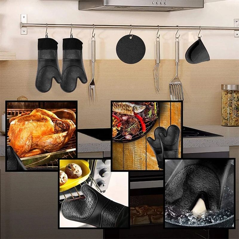 LMETJMA 6Pcs Extra Long Silicone Oven Mitts and Pot Holders Set Heat Resistant Cooking Gloves