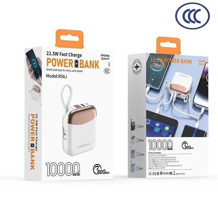 Mini Palm Power Bank – 10000mAh Ultra-Compact External Battery with 22.5W Fast Charge & Built-In Cables