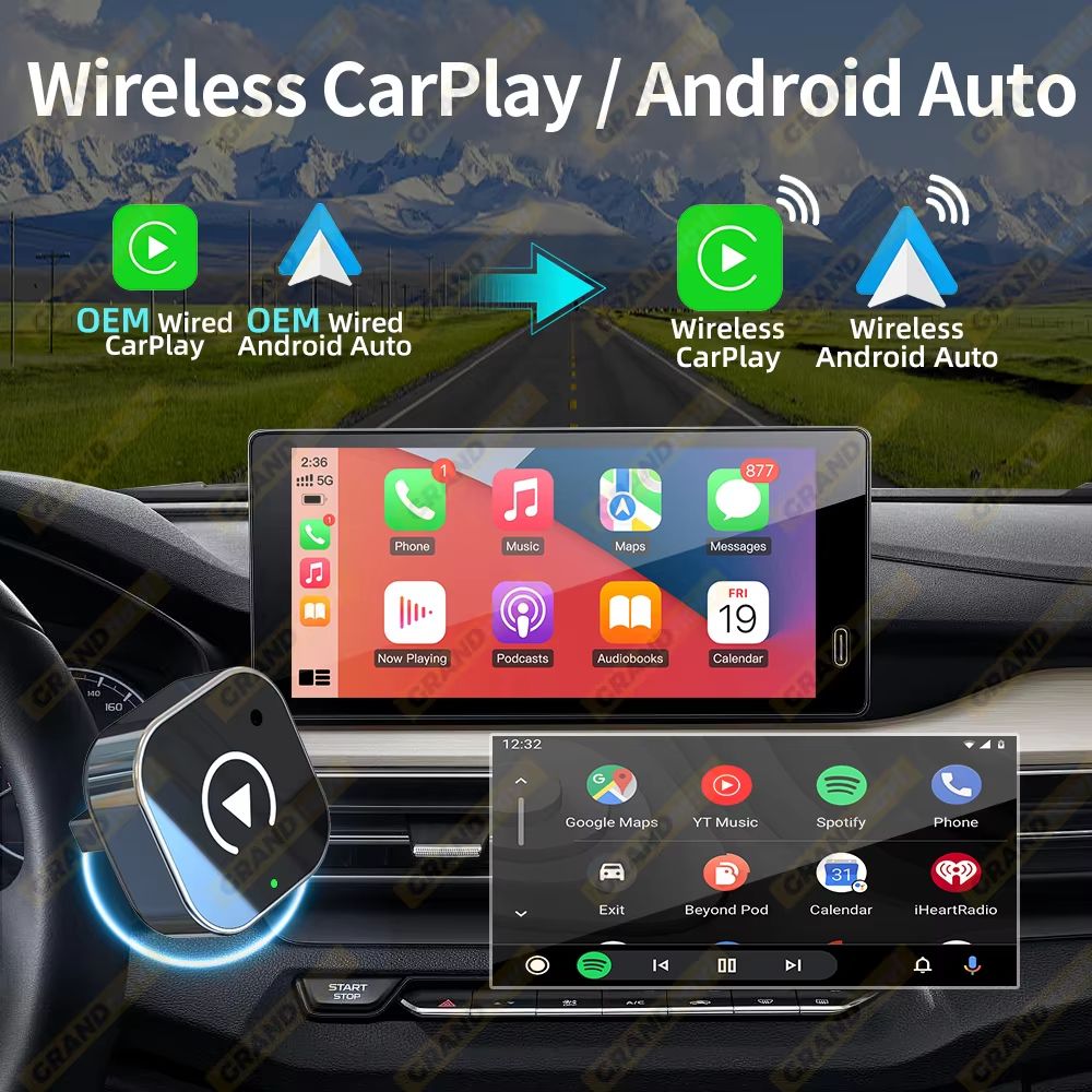2 in 1 Wired to Wireless CarPlay and Android Auto Adapter for OEM Car Stereo USB Plug and Play Bluetooth
