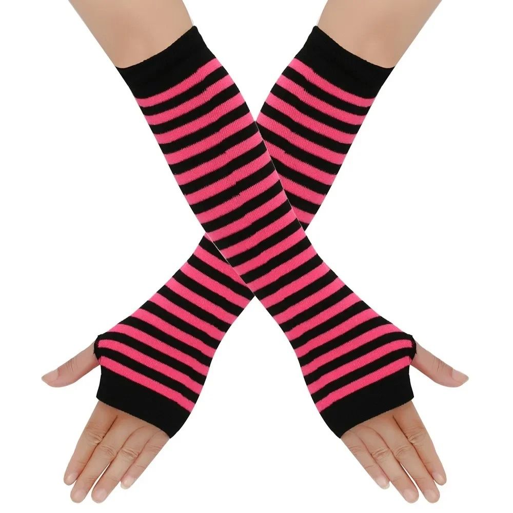 Warmer Knitted Long Fingerless Gloves Lady Striped Elbow Mittens