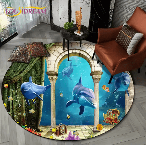 3D Ocean Dolphin Area Rug – Non-Slip Underwater Illusion Round Carpet
