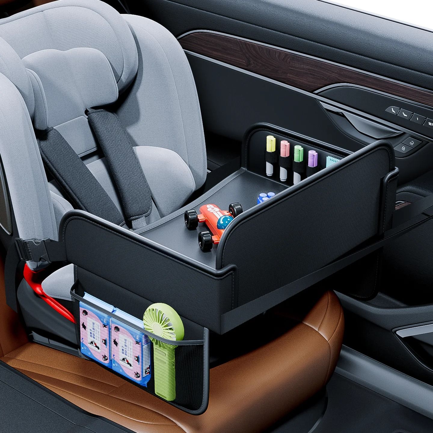 Universal Kids Car Seat Tray Table with Storage Pockets