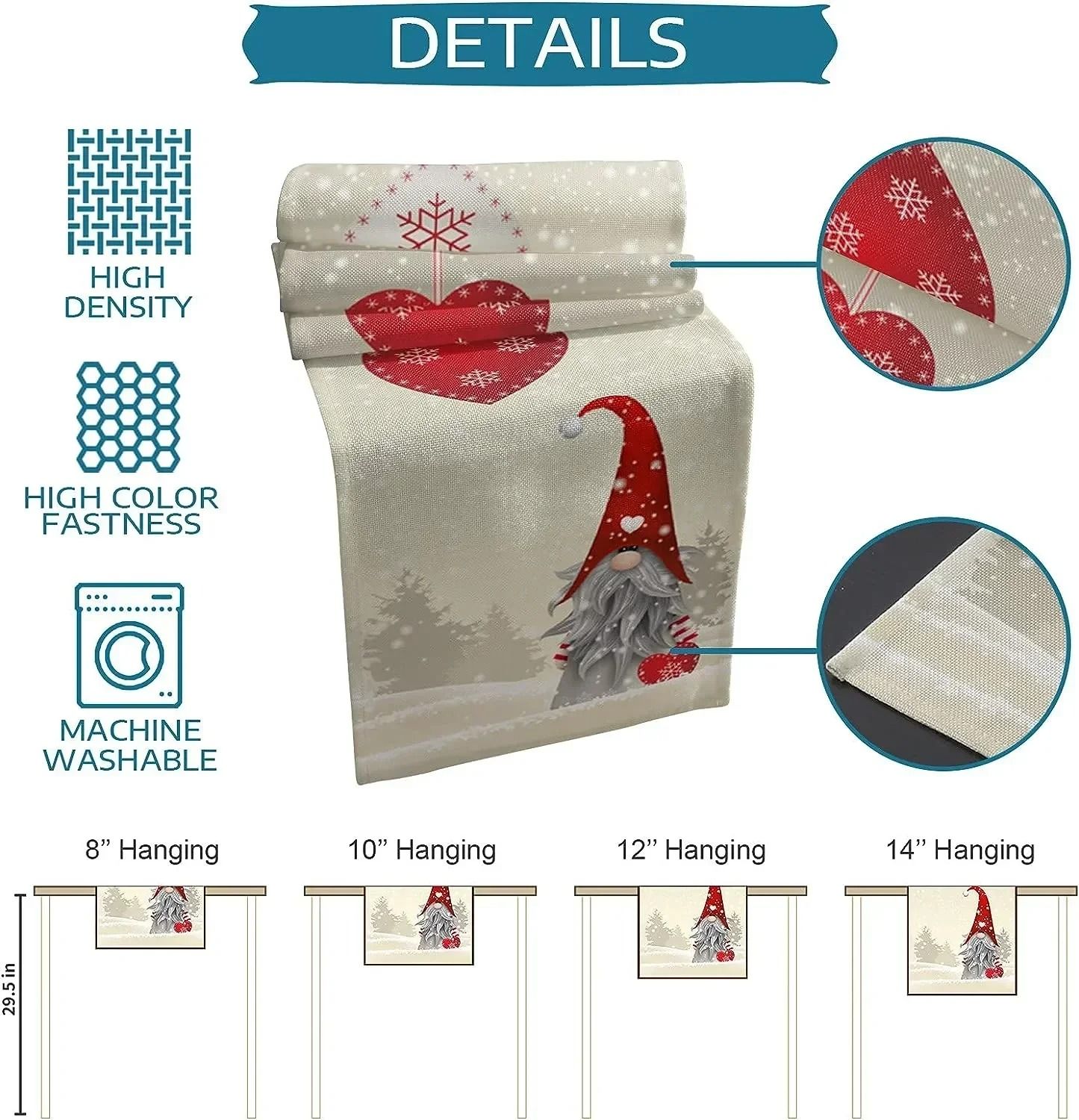 Christmas Gnome & Love Heart Linen Table Runner | Snowflake Holiday Dresser Scarf