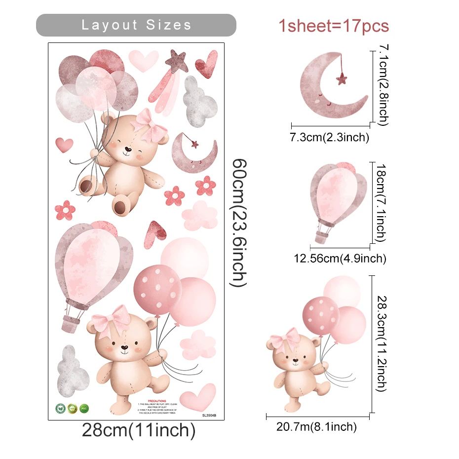 Cartoon Bear Balloon Wall Stickers Kids Room Nursery Wall Decals