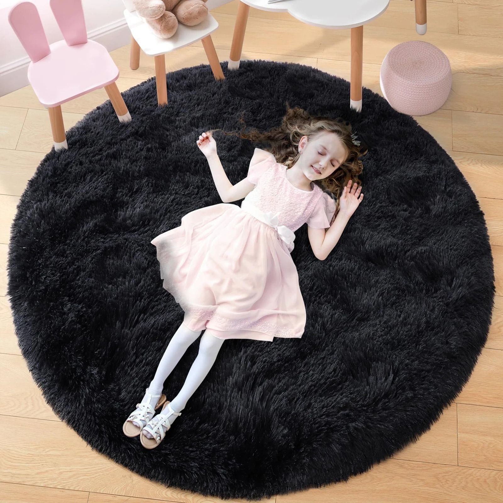 Fluffy Black Round Rug | Ultra-Soft Shaggy Area Carpet