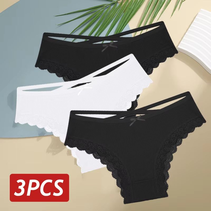 Women's 3-Piece Cotton Low-Rise Lace Brazilian Panties Set Breathable Soft Underwear S-XL