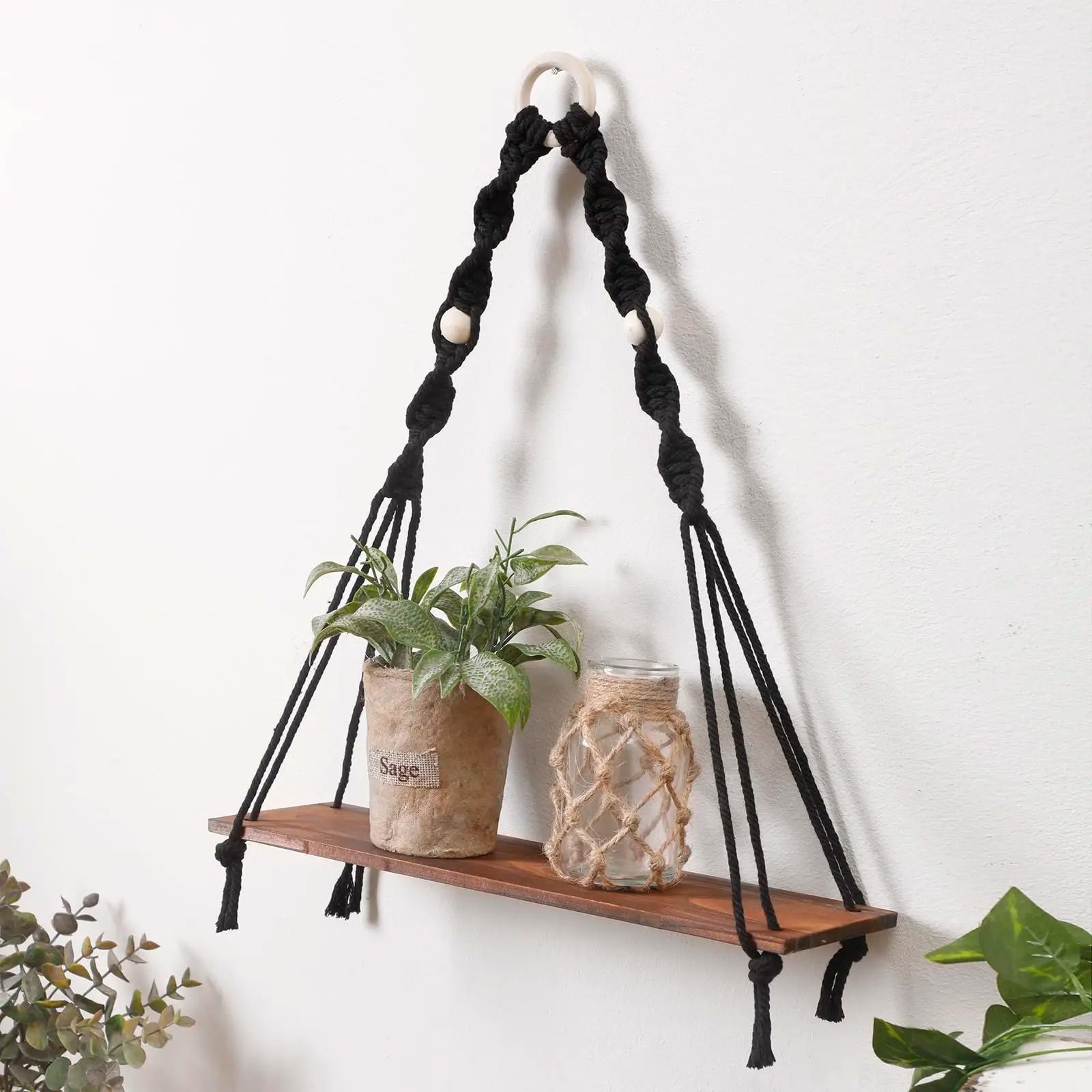 Boho Macrame Wall Hanging Floating Wood Shelf