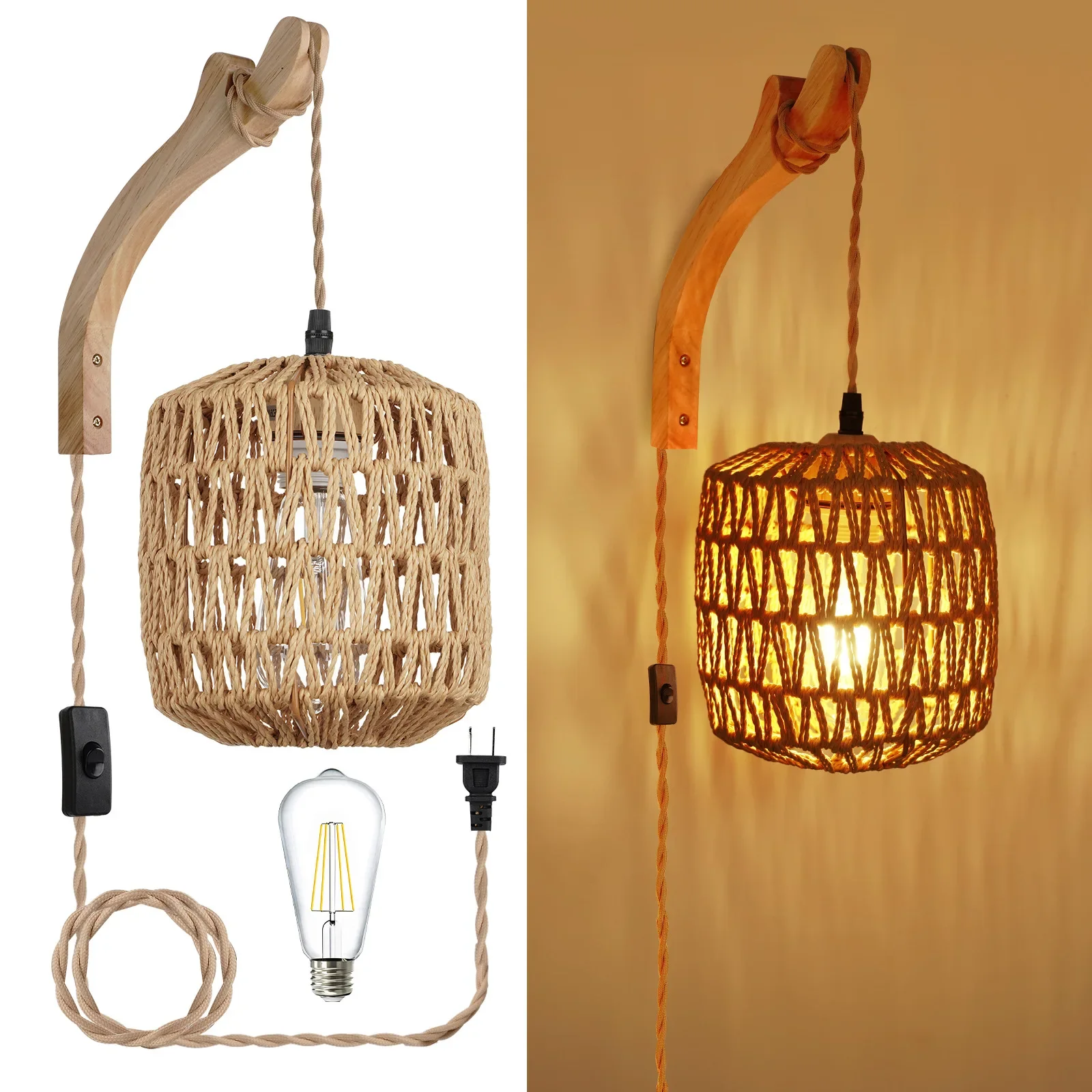 Living Room Woven Light Bedside Lamp, Led Rattan Wall Lamp Bedroom, E27 Retro Hemp Rope Decor Fixture