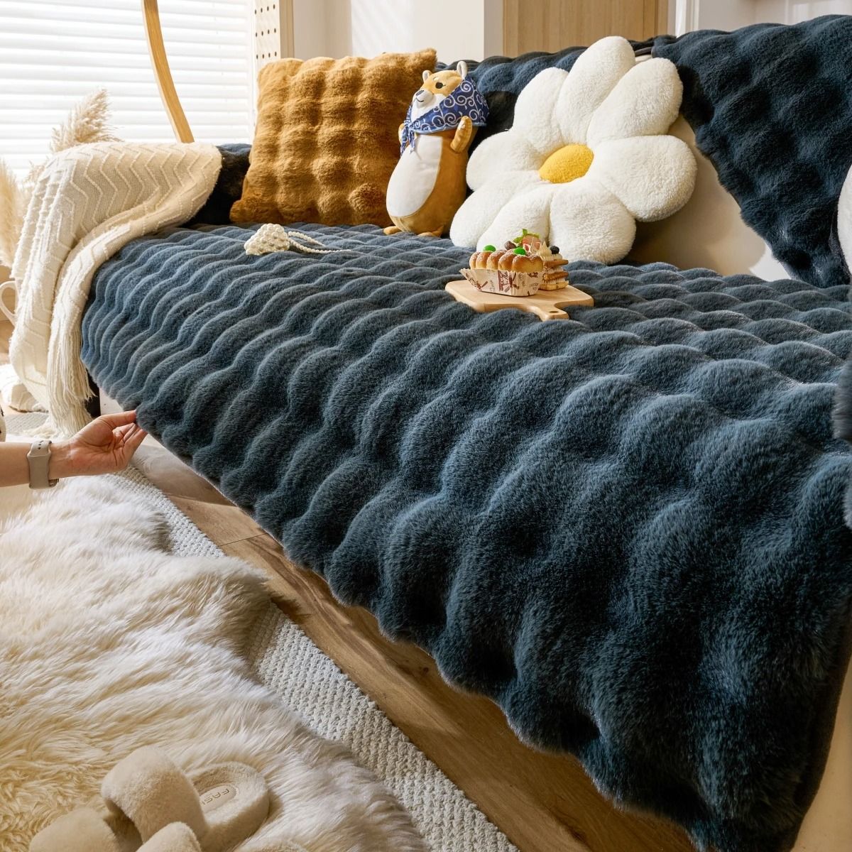 Thick faux rabbit fur sofa slipcover non slip plush couch cushion cover