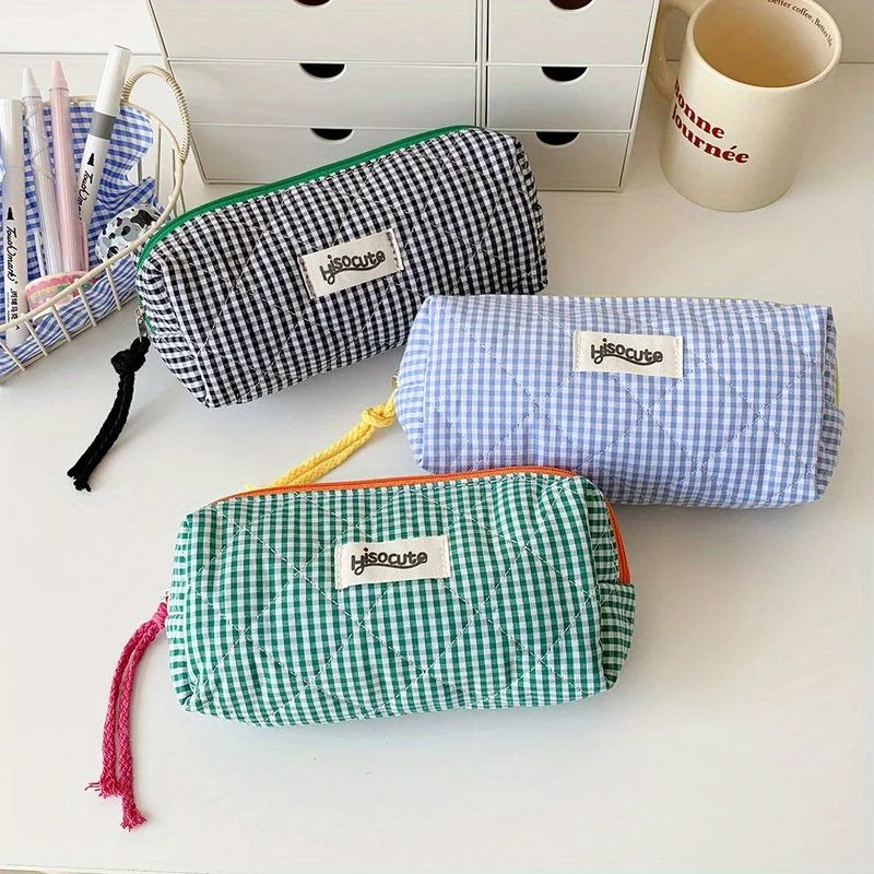 Color Block Checkered Cosmetic Storage Bag