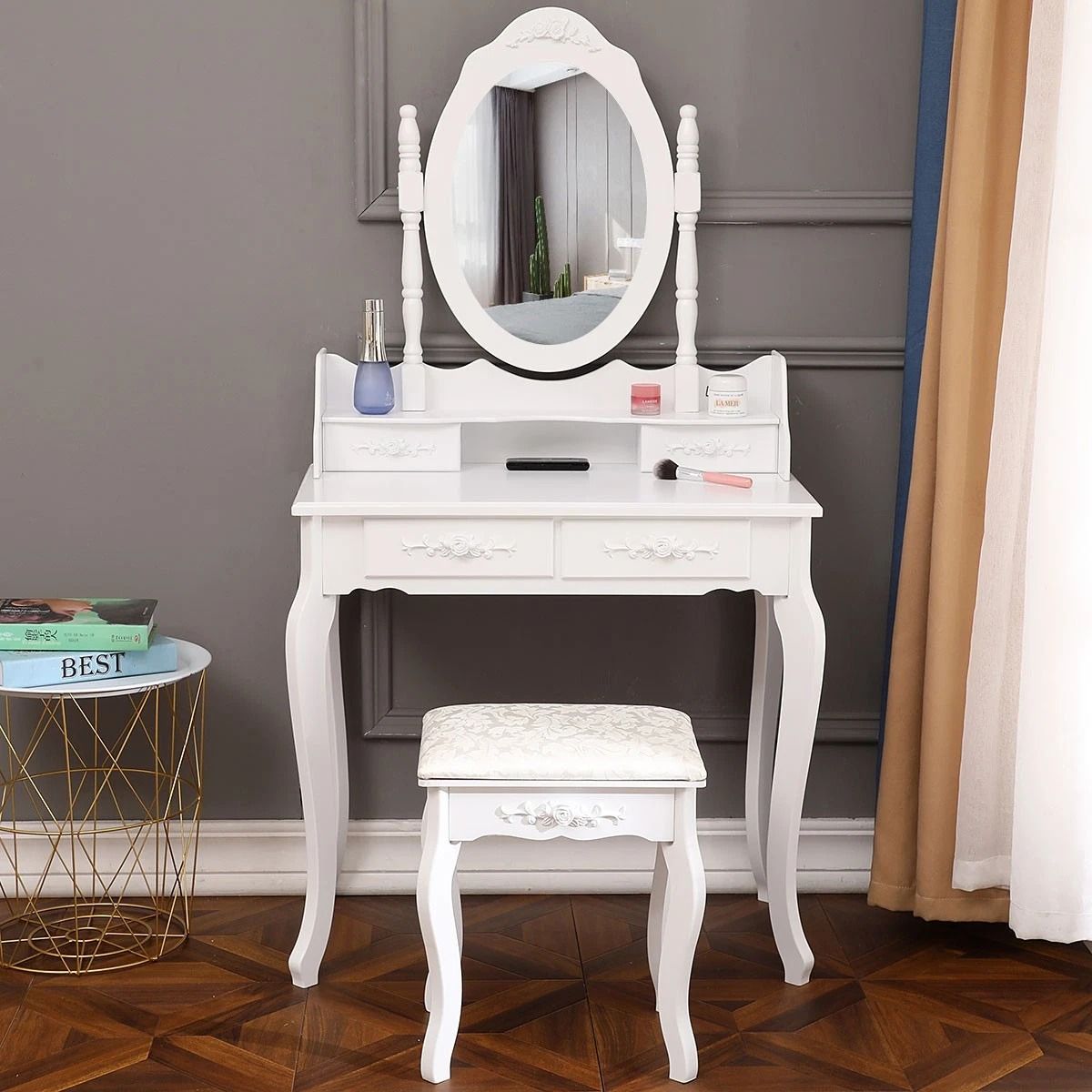 White Vanity Dressing Table Set with Mirror & Stool, Drawers Makeup Desk for Bedroom