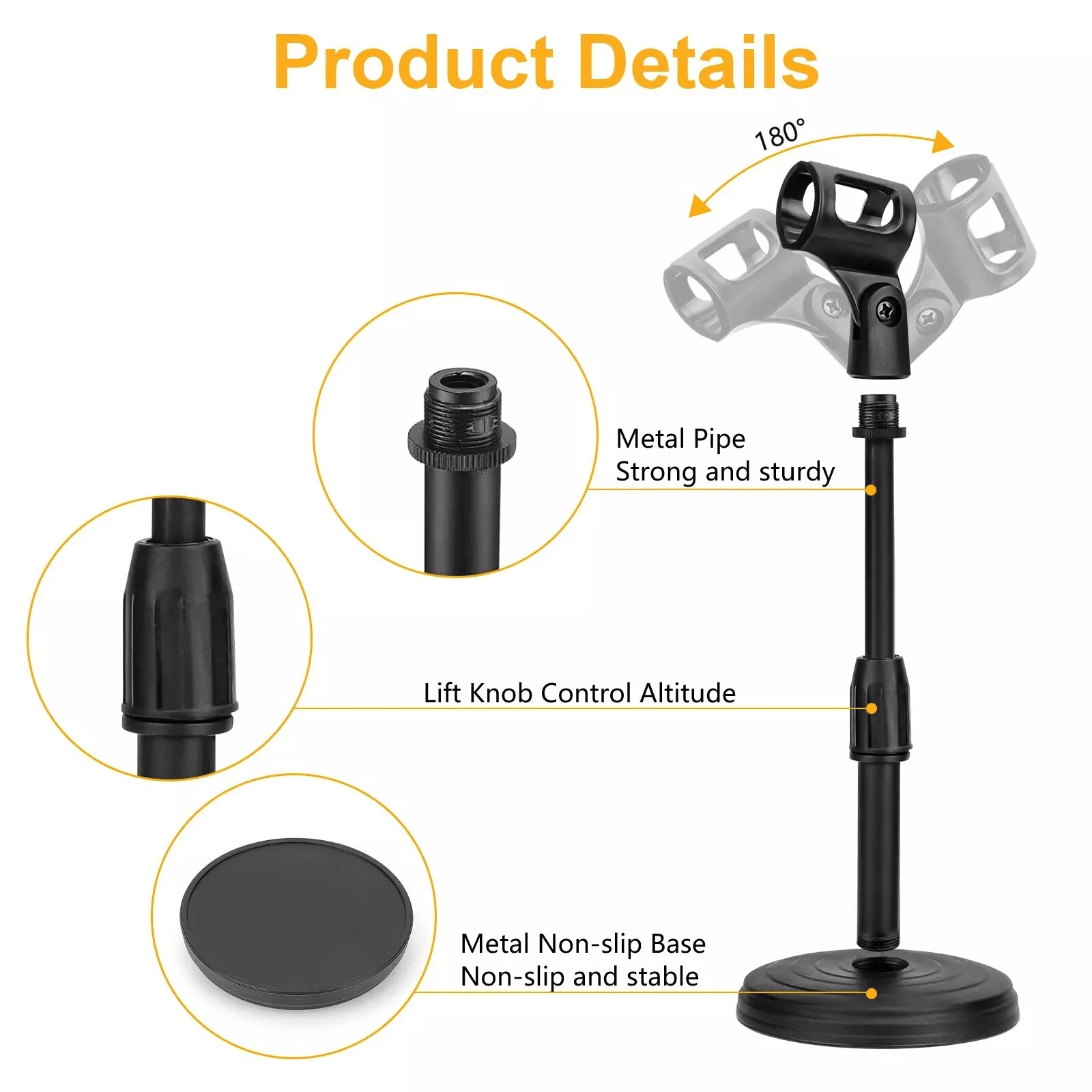 Adjustable Lifting Desktop Microphone Stand Mini Weighted Round Base with Mic Clip Holder