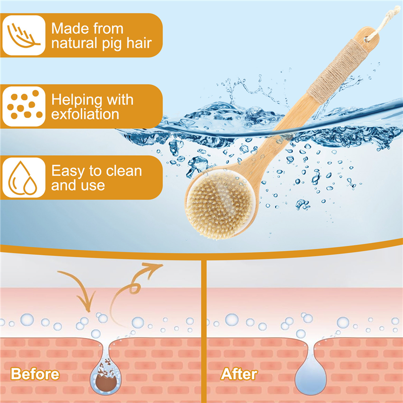 Bamboo Back Scrubber for Shower - Soft Bristles & Long Handle for Skin Exfoliation
