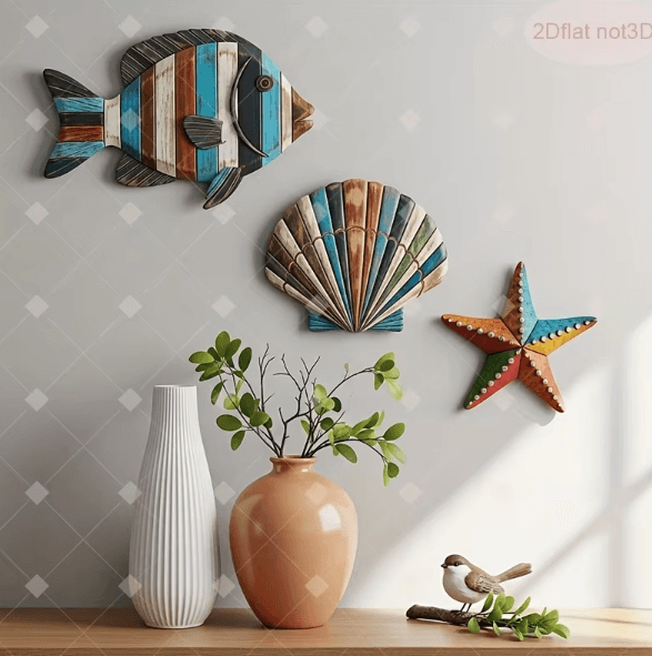 Colorful Wooden Ocean Wall Decor Set – Coastal Fish, Shell & Starfish Art