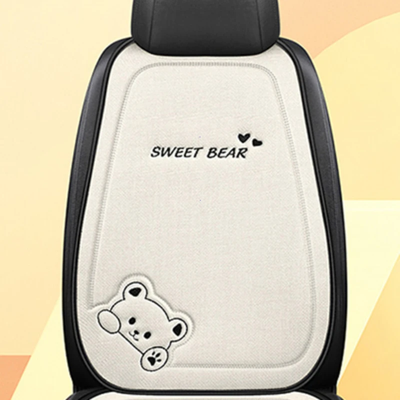 Fashion Luxury Car Seat Cushion, Breathable Linen Cartoon Bear Women's Cute, Anti-slip