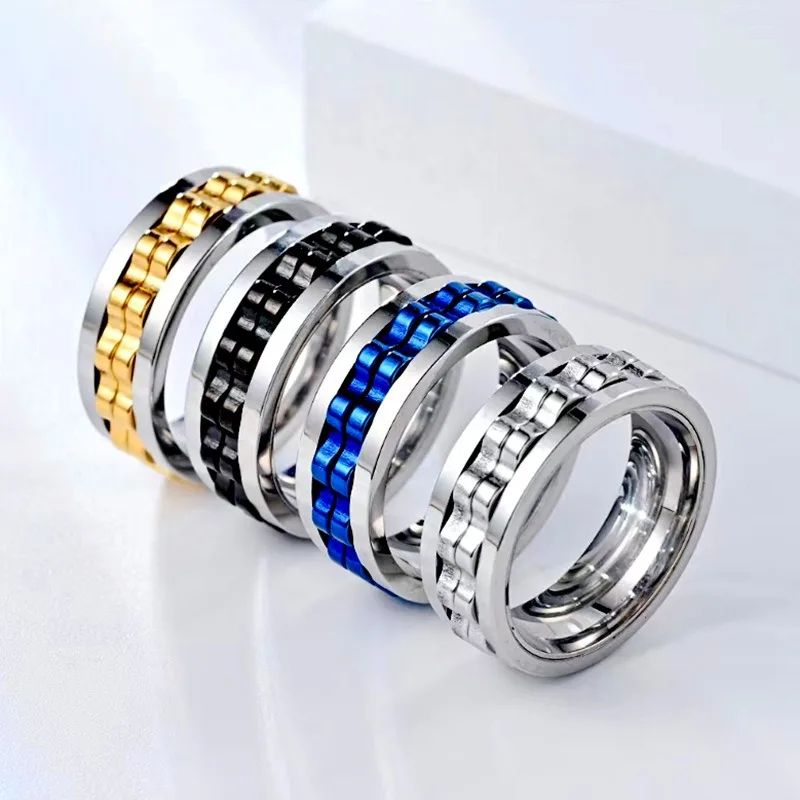 Stainless Steel Spinning Chain Ring for Men – Rotating Anxiety Relief Fidget Band
