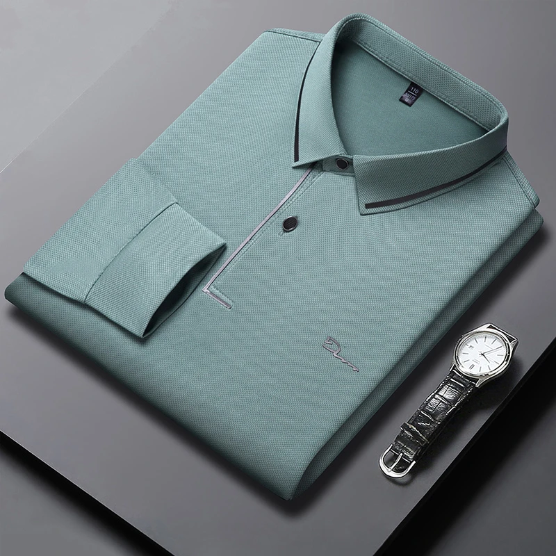 New Men's Business Casual Polo Shirt Long Sleeved Badge Solid Color Fashionable Comfortable Breathable Versatile Top
