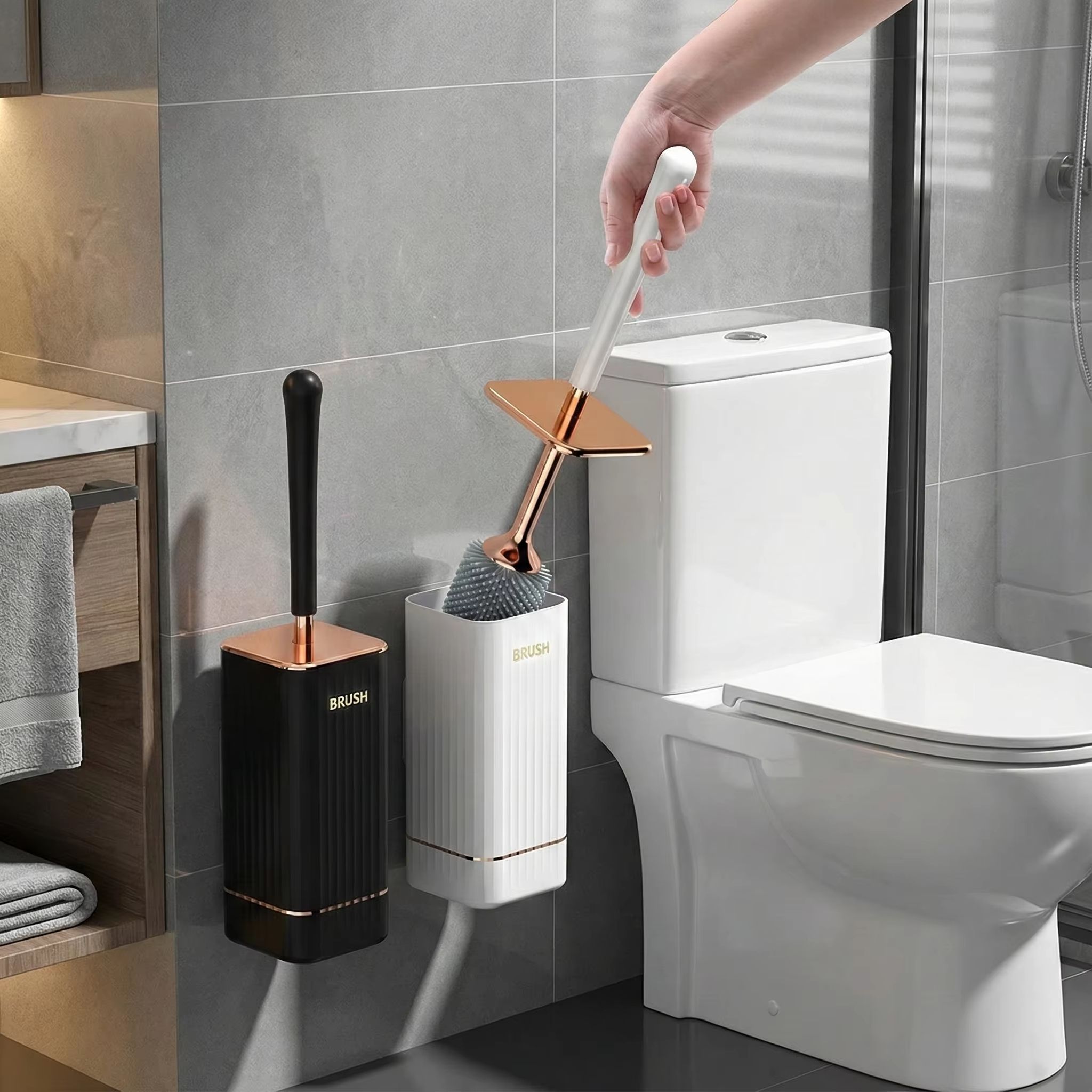Silicone Golf Long-Handle Toilet Brush with Wall-Mounted Holder – 360° Flexible Head Bathroom Cleaner Set