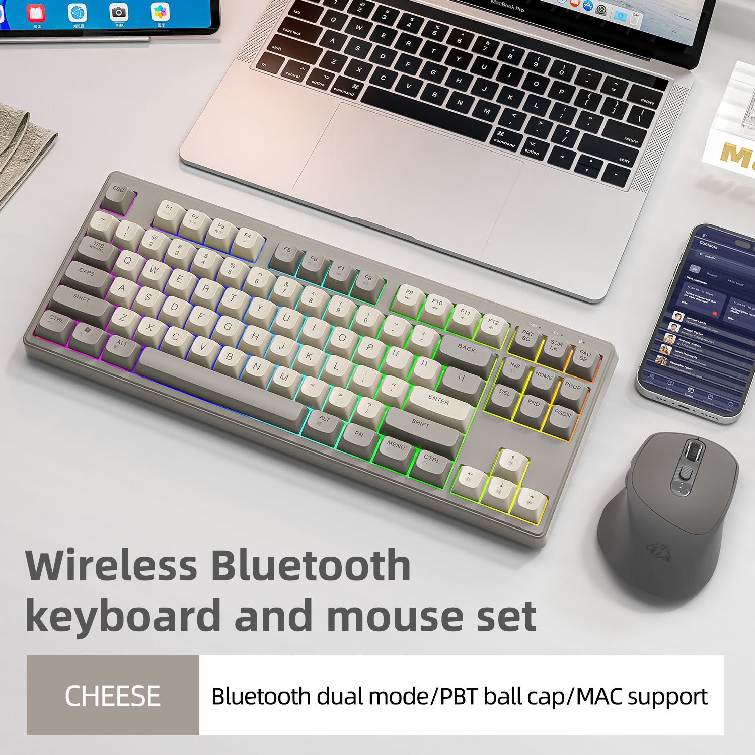 Wireless Keyboard Gaming, Dual Mode Bluetooth Keyboard with Rainbow Light RGB, PBT Ballcaps Silent Office Gaming