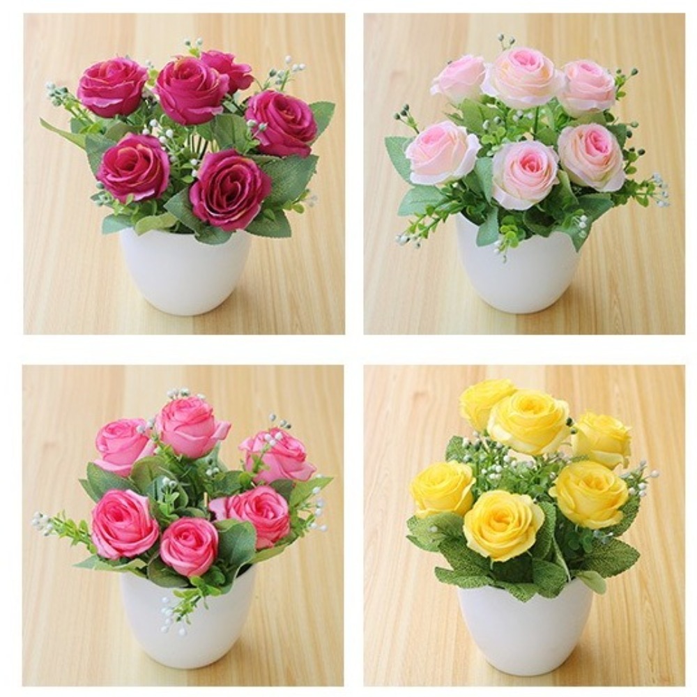Mini Rose Artificial Potted Plant, Faux Flower Bonsai, Multicolor Fake Plants, Plastic Wedding Arrangement Ornament