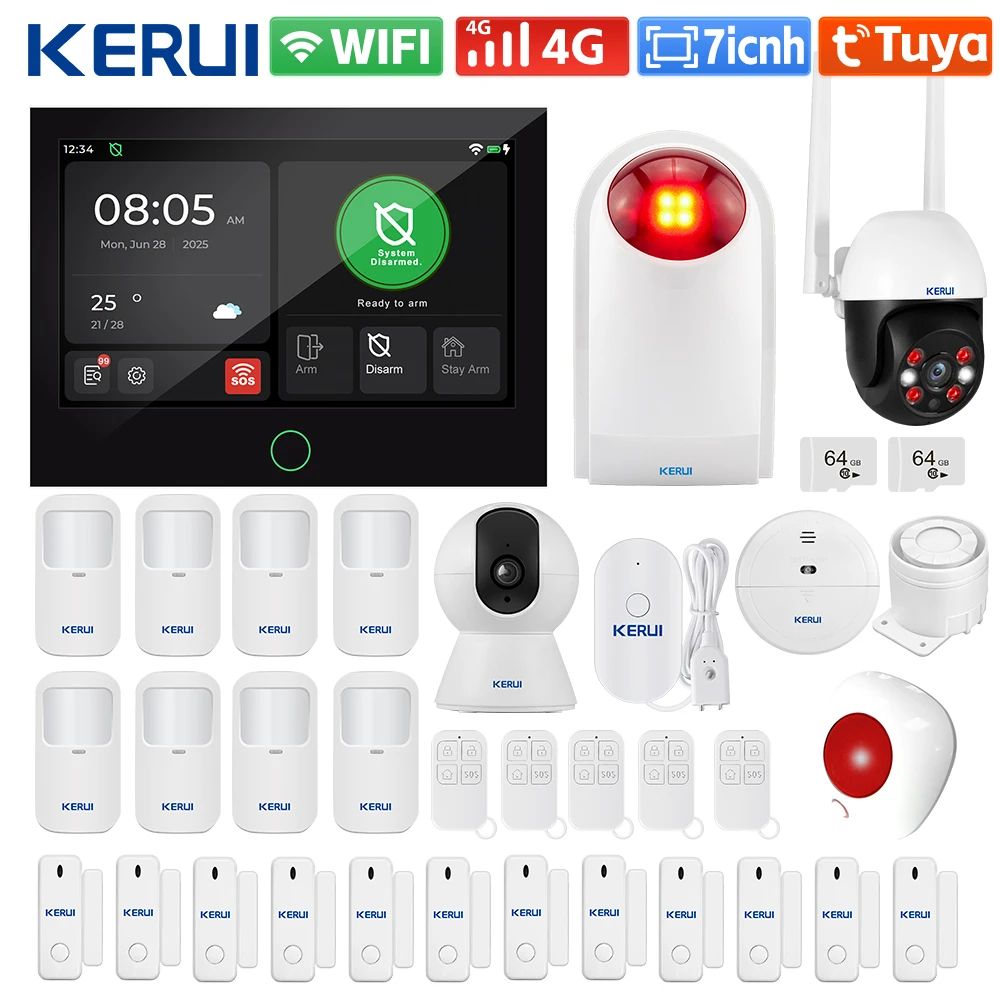 KERUI Tuya Smart 4G WiFi Home Alarm System with 7-Inch Touch Screen, Voice Control, App-Based House Security