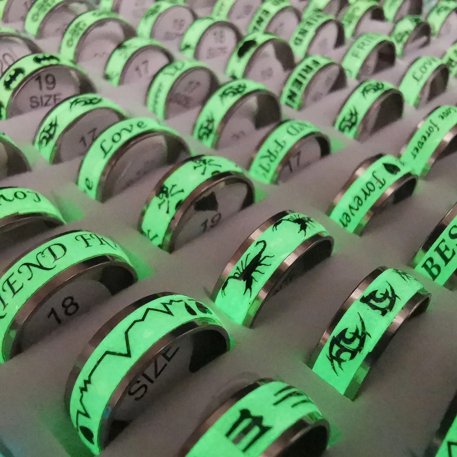 Glow in the Dark Stainless Steel Ring Set 10 Piece Mix
