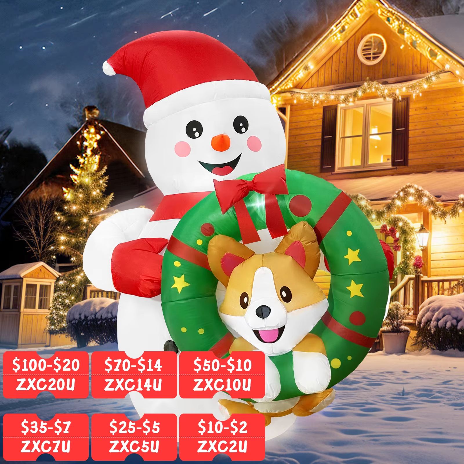72in Christmas Inflatable Snowman with Corgi Wreath LED Outdoor Holiday Yard Decoration