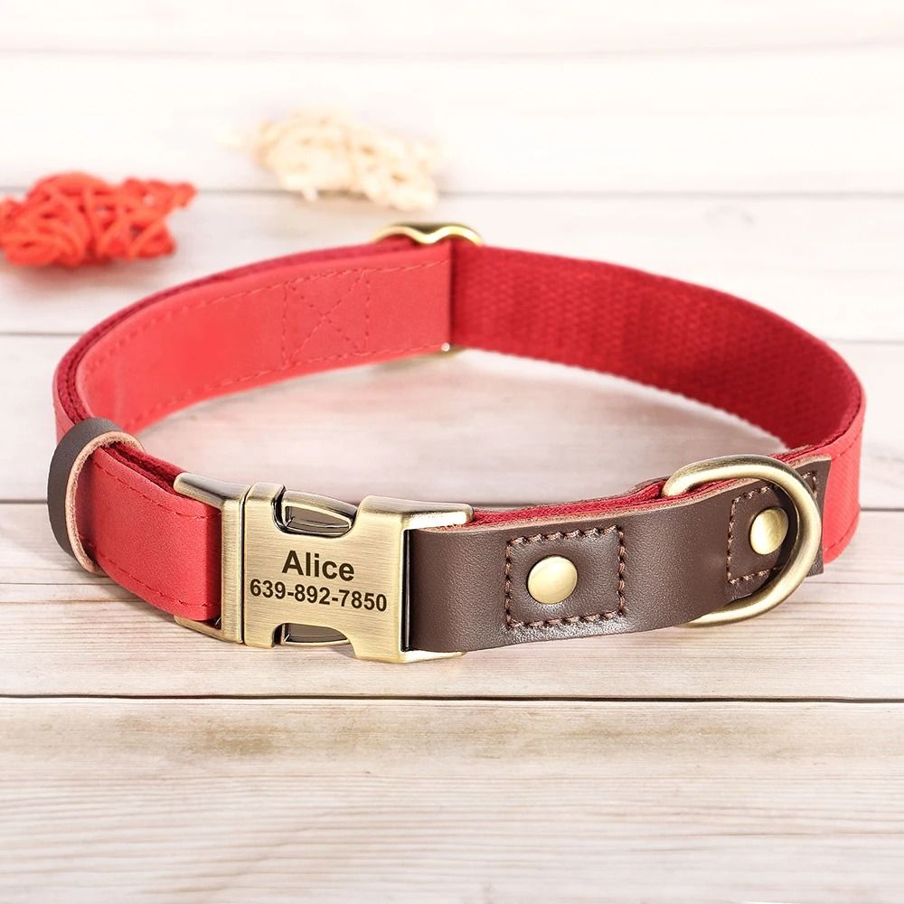Custom Engraved PU Leather Dog Collar Adjustable ID Buckle