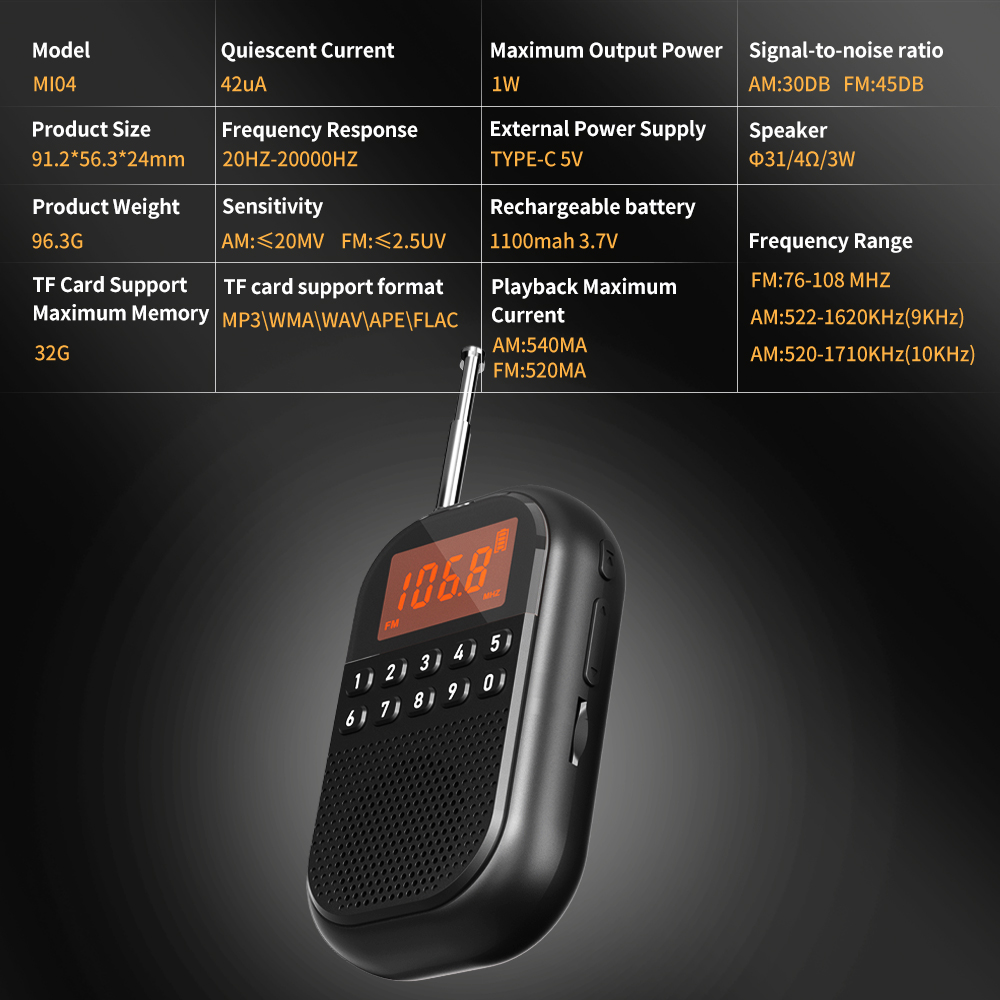 Mini Portable Radio with HD Sound Quality & USB SD Dual Card Decoding for Outdoor Use