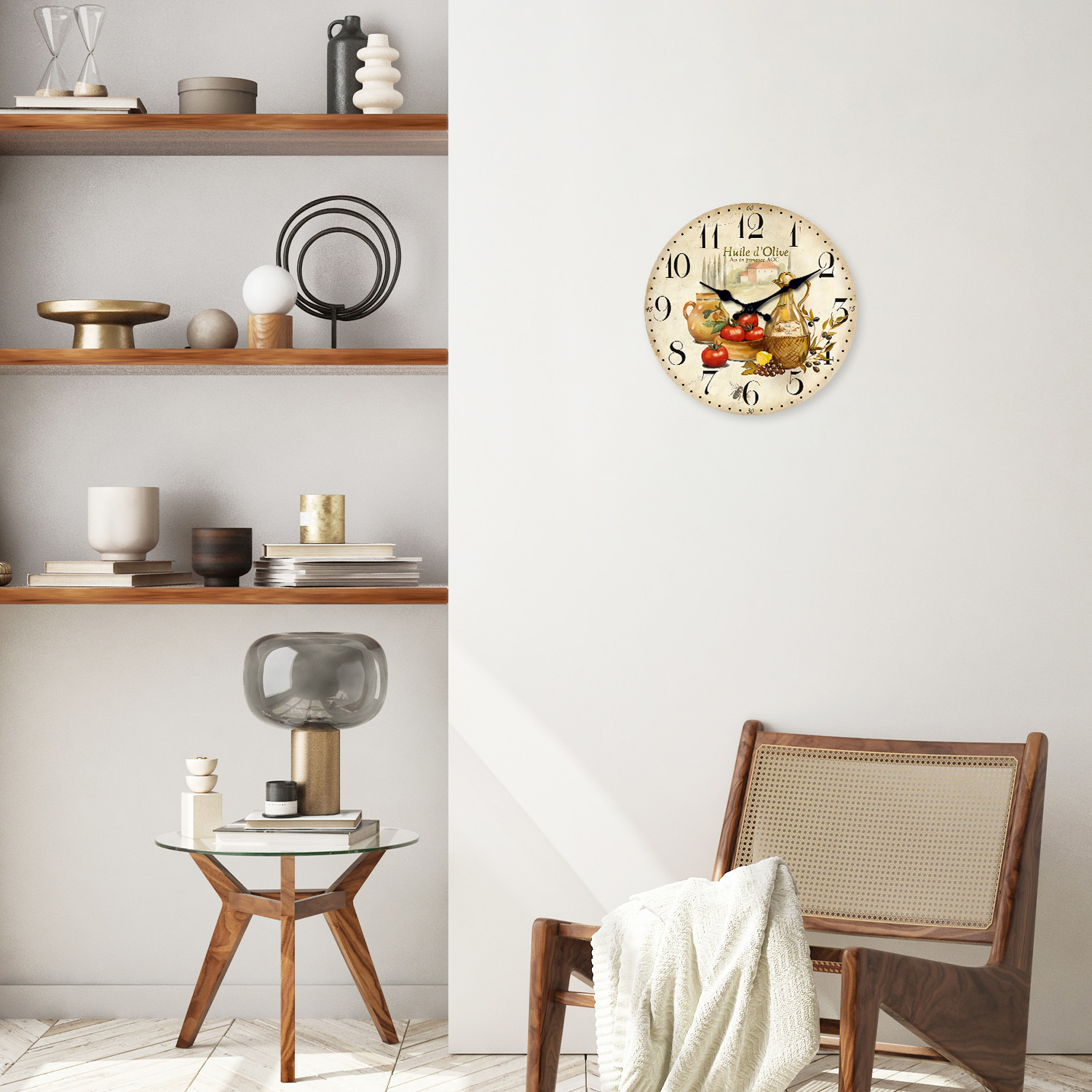 Retro Provence Olive Oil and Tomato Pattern Wooden Wall Clock, Silent Quartz Kitchen Wall Clock, Rustic Living Room