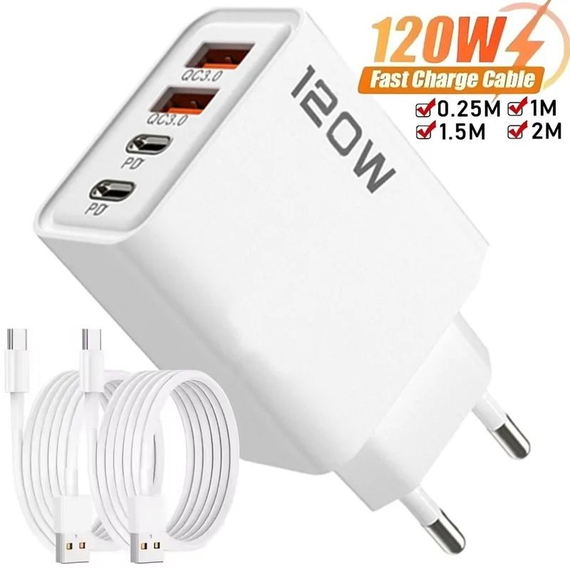 120W 4 Port USB Type C Fast Charging Wall Adapter with Data Cable