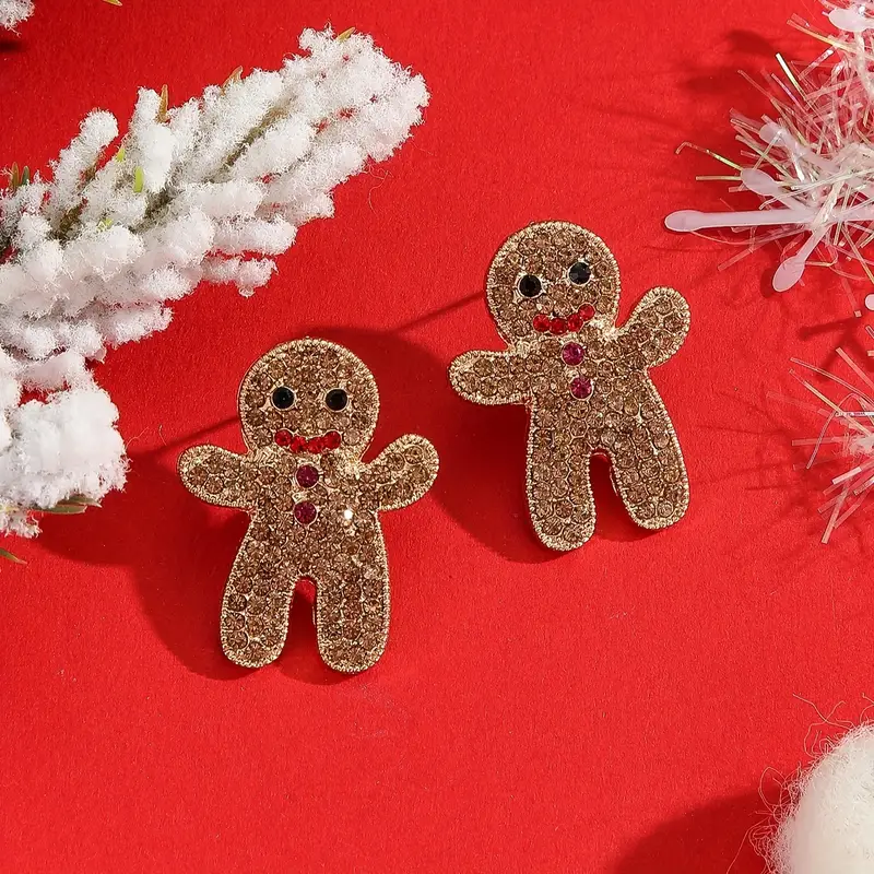 Sparkling Rhinestone Gingerbread Stud Earrings for Women, Cute Chic Holiday Christmas Accessory