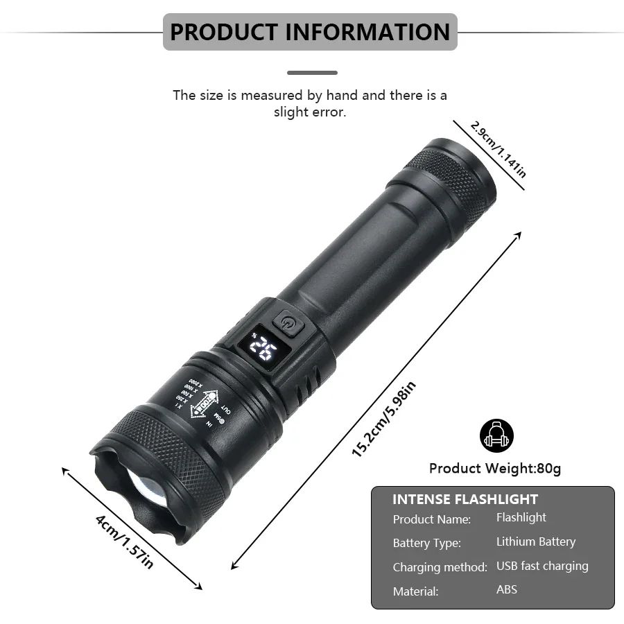 USB Rechargeable 2000LM Tactical LED Flashlight with Zoom and Display