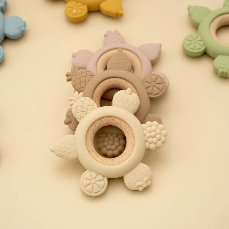 Fruit-Theme Silicone & Wooden Baby Teether – BPA-Free Infant Chewing Toy