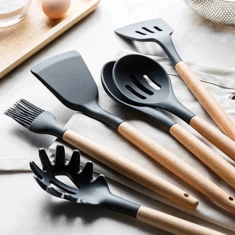 Heat-Resistant Silicone Kitchen Utensil Set with Wooden Handles and Storage Bucket
