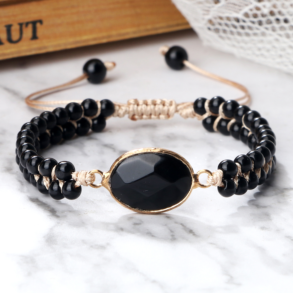 Black Onyx Braided Bracelet, Handmade Adjustable Obsidian Pendant, Women Wrist Bangle, Men Prayer Jewelry Gift