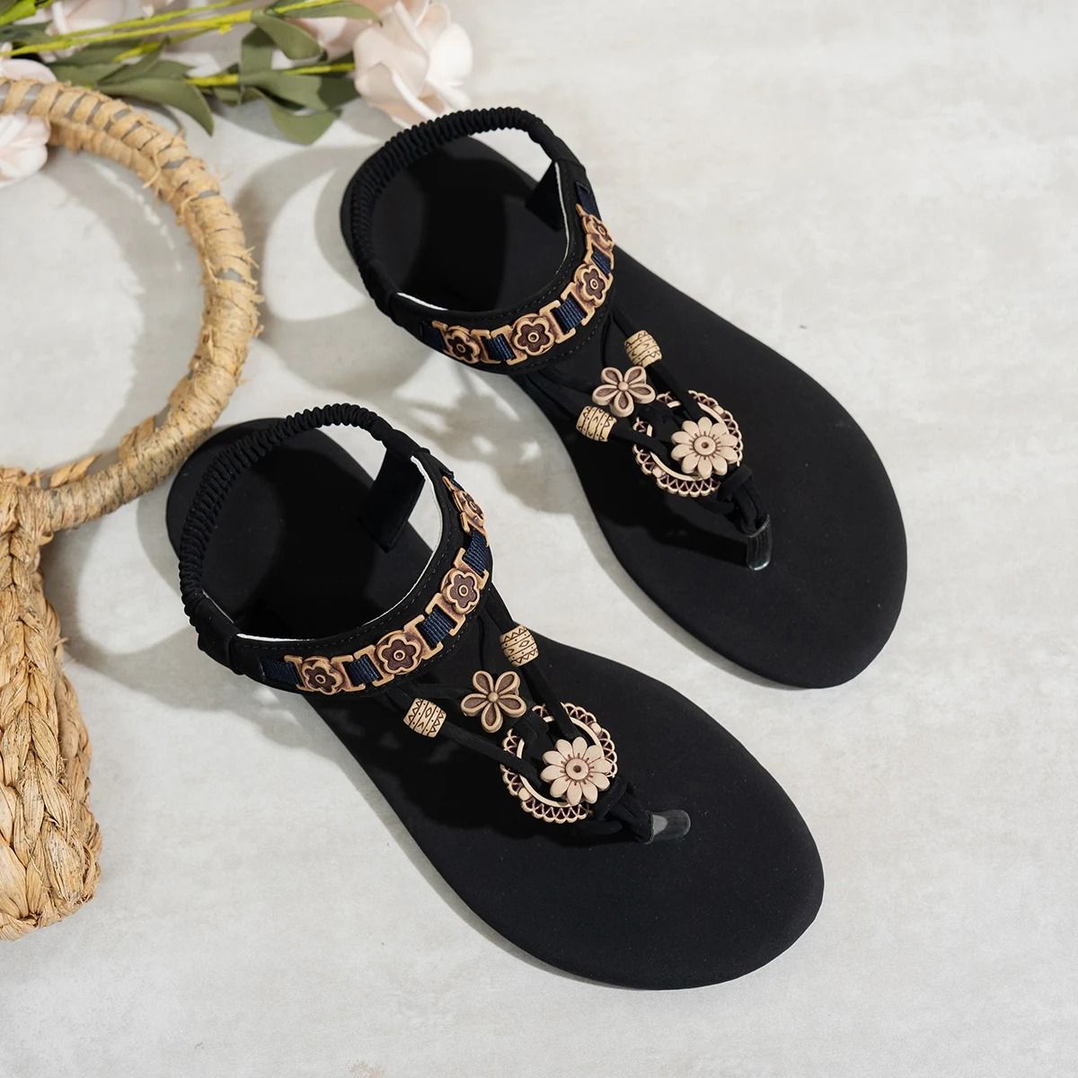 Womens Bohemian Style Elastic Flat Sandals with Round Toe