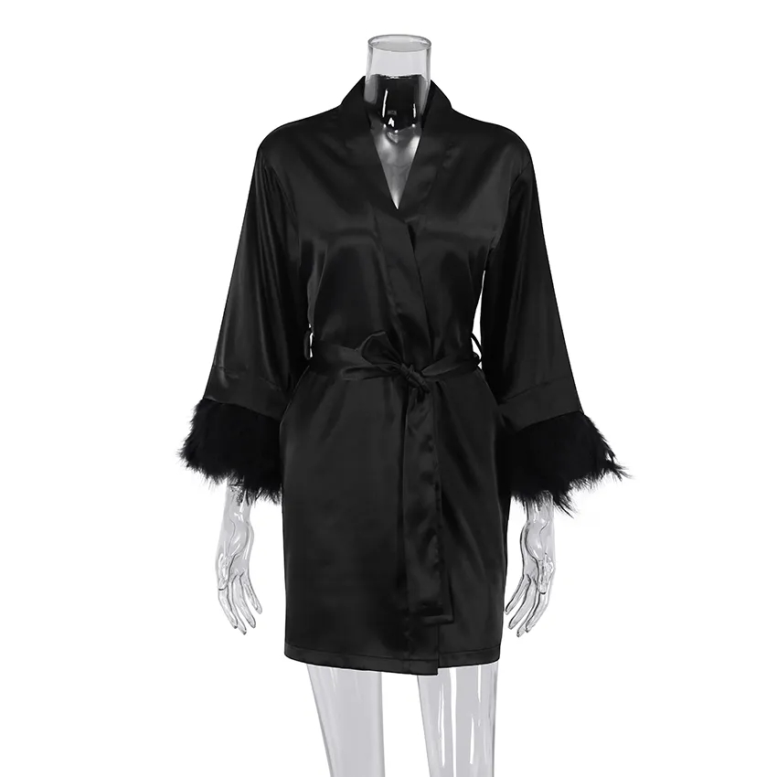 Satin Robe for Women, White Feather Robe with Fur, Full Sleeves Sleepwear, Bride Robe Gown Dress, Bathrobe Female